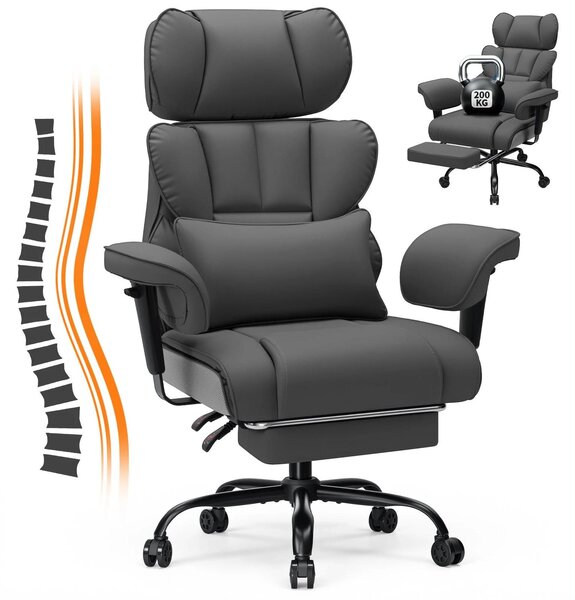 Sedia da ufficio ergonomica 200 kg - Poltrona direzionale - Altezza del sedile e schienale regolabili - Braccioli regolabili - Poggiapiedi ribaltabile - Pelle finta - Grigio