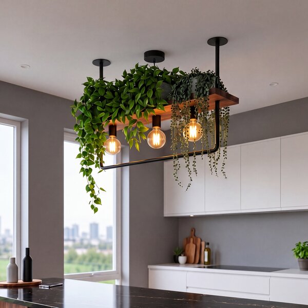 Plafoniera industriale nera con legno 3 luci - Shelf