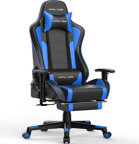 Sedia da gaming - Sedia da ufficio ergonomica - Altoparlanti Bluetooth - Poggiapiedi ribaltabile - Regolabile in altezza - Girevole con rotelle - 150 kg - Nero/Blu
