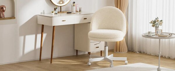 Sedia da ufficio - Sedia da scrivania - Velluto Teddy - Ergonomica - Regolabile in altezza - Girevole a 360° - Con rotelle - Senza braccioli - Bianco avorio