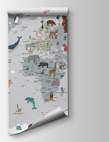 Carta da parati Mappa del mondo con animali, Carta da parati per Bambini, Carta da parati popolare, u95844 - Tapeko.it