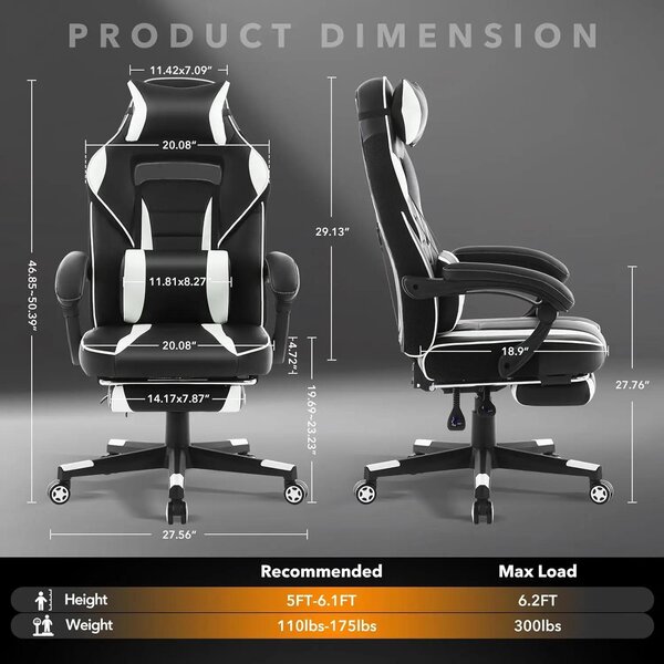 Sedia da gaming - Sedia da ufficio ergonomica - Regolabile in altezza - Poggiapiedi estraibile - Supporto lombare - Poggiatesta - Rotazione a 360° - Colore: nero e bianco