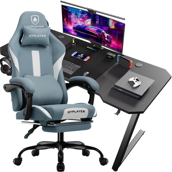 Set scrivania e sedia da gaming - Z12 + GT905 - Pelle + fibra di carbonio - Design minimalista - Montaggio richiesto - Blu navy