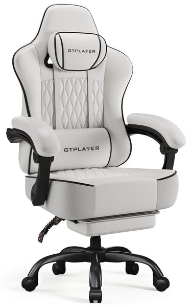 Sedia da gaming e da ufficio - Sedia ergonomica per PC - Regolabile in altezza - Girevole a 360° - Imbottitura extra spessa - Braccioli e rotelle - Pelle finta - Bianca