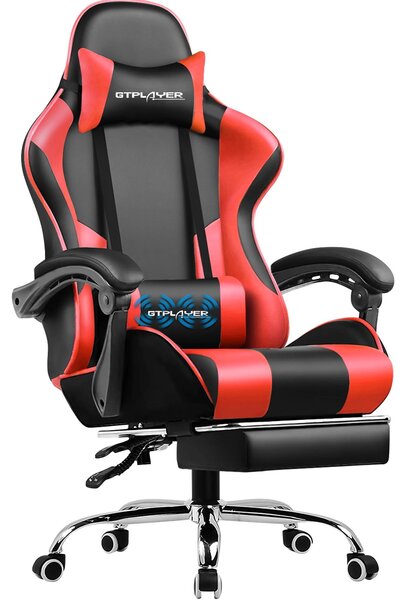 Sedia da gaming - Sedia da ufficio ergonomica - Massaggio - Poggiapiedi - Poggiatesta e supporto lombare - Regolabile in altezza - Rotazione a 360° - Rossa