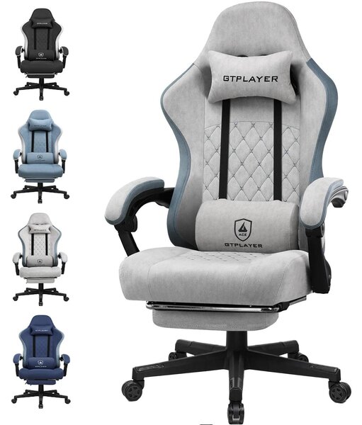Sedia da gaming - Sedia da ufficio - Ergonomica - Rivestimento in tessuto - Cuscino di seduta a molle insacchettate - Braccioli uniti - Poggiapiedi - Regolabile in altezza - Grigio