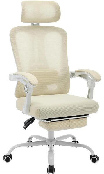 Sedia da ufficio ergonomica - Sedia da gaming in rete con schienale alto - Supporto lombare regolabile - Poggiapiedi estraibile - Meccanismo di oscillazione e inclinazione - Beige