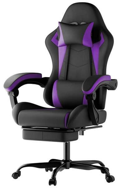 Sedia da gaming - Sedia da ufficio ergonomica - Cuscino lombare e poggiatesta - Regolabile in altezza - Girevole - Rivestimento in PVC - Lilla/Nero