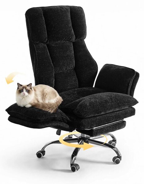 Sedia da ufficio grande – Sedia da ufficio ergonomica – Braccioli pieghevoli – Poggiapiedi – Regolabile in altezza – Girevole – Rivestimento in chenille nero lucido