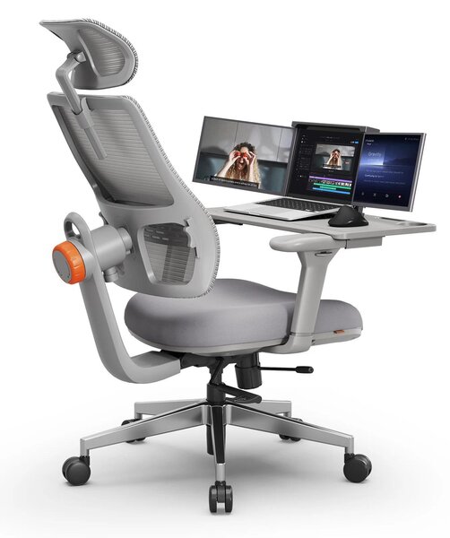 Sedia ergonomica con ripiano - Sedia da ufficio - Poggiatesta regolabile - Supporto lombare adattivo - Regolazione della profondità della seduta - Regolabile in altezza - Girevole con rotelle - Grigio