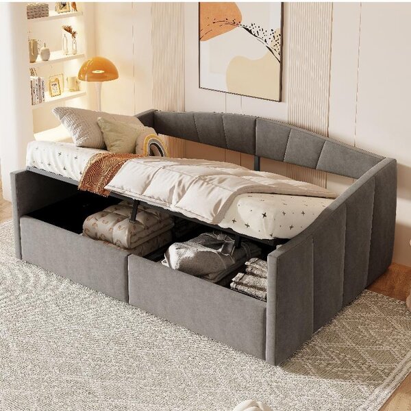 Letto imbottito 140x200 cm con spazio contenitore, rivestito in velluto grigio, completo di rete a doghe e braccioli, divano letto con sistema di sollevamento idraulico, ideale per la camera da letto