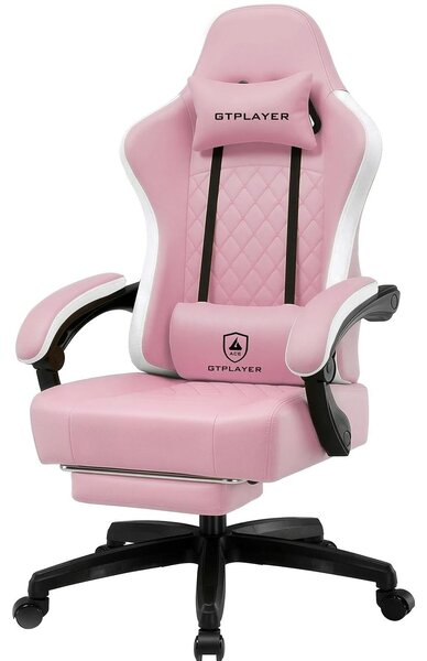 Sedia da gaming - Sedia da ufficio ergonomica - Rivestita in ecopelle - Seduta imbottita e ammortizzata - Regolabile in altezza - Poggiapiedi integrato - Rotazione a 360° - Portata massima: 150 kg - Colore: rosa