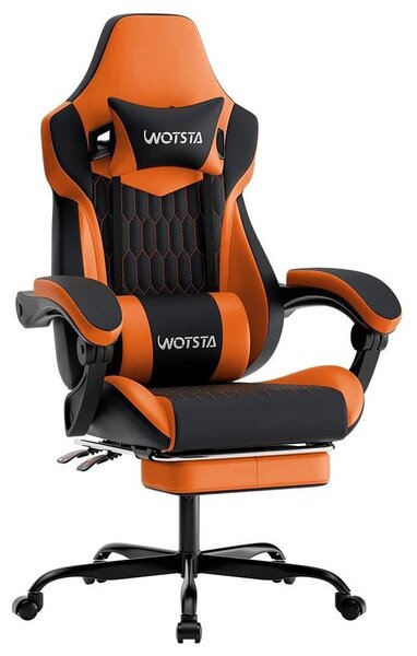 Sedia da gaming ergonomica - Sedia da ufficio con schienale alto - Con poggiapiedi - Poggiatesta regolabile - Supporto lombare - Rivestita in ecopelle - Rotella e girevole - Colore: arancione