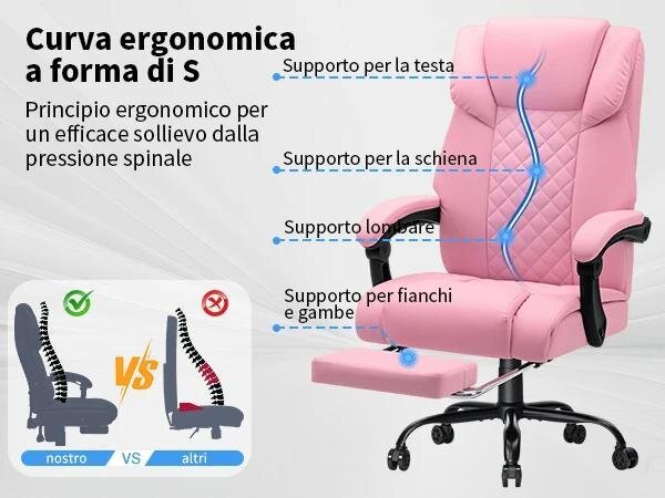 Sedia da gaming, sedia da ufficio - Sedia ergonomica con funzione massaggio - Riscaldamento - 7 punti di vibrazione - Poggiapiedi - Capacità di carico: 200 kg - Rosa