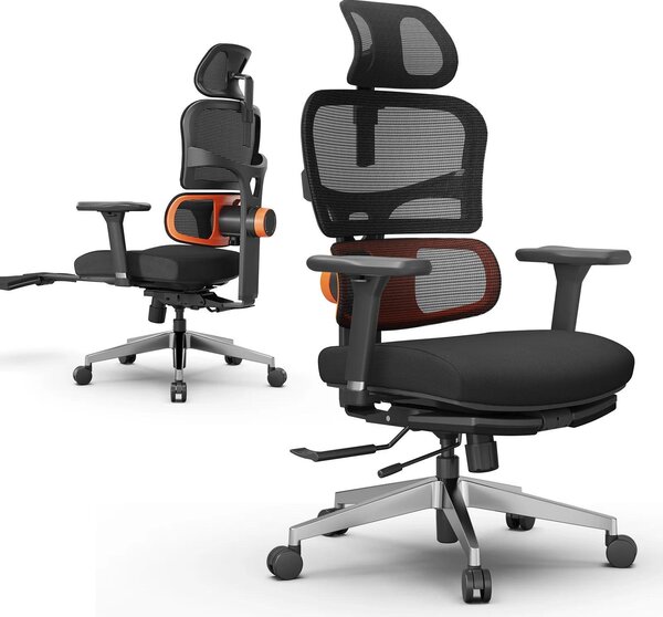 Sedia da ufficio ergonomica - Modello NT002. Sedia girevole con supporto lombare adattabile, poggiapiedi, schienale regolabile in 4 posizioni, poggiatesta e braccioli regolabili. Colore: nero