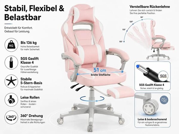 Sedia da gaming - Sedia da ufficio ergonomica, regolabile in altezza, con schienale alto - Poggiapiedi estensibile - Supporto lombare - Poggiatesta - Rotazione a 360° - Rosa