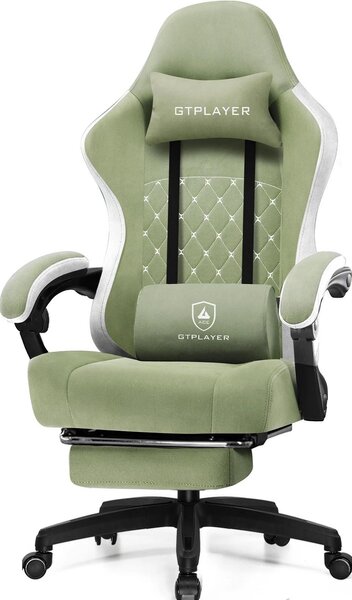 Sedia da gaming - Sedia da scrivania girevole - Ergonomica - Rivestimento in tessuto - Seduta con molle insacchettate - Braccioli uniti - Poggiapiedi - Regolabile in altezza - Verde militare