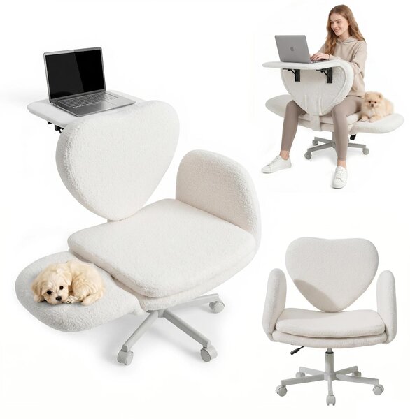 Sedia da scrivania con tavolino integrato - Sedia da ufficio - Seduta ampia per posizione a gambe incrociate - Braccioli regolabili in 5 posizioni - Regolabile in altezza, ergonomica - Rotella e base girevole - Rivestimento in pile bianco