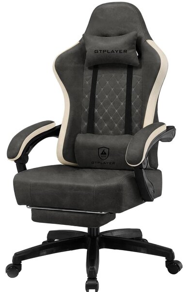Sedia da gaming - Sedia da ufficio ergonomica - Regolabile in altezza - Cuscino del sedile ammortizzato - Poggiapiedi - Ecopelle - Girevole con rotelle - Portata massima: 150 kg - Grigia