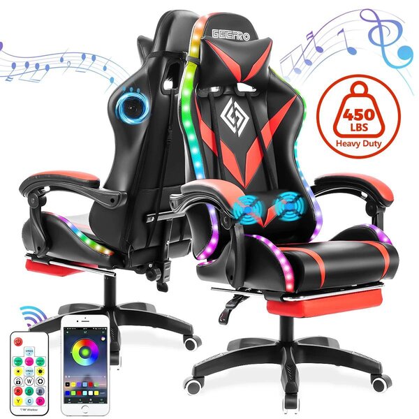 Sedia da gaming - Sedia da ufficio - Altoparlanti integrati - Illuminazione LED - Poggiapiedi - Regolabile in altezza per una postura ergonomica - Rivestita in ecopelle - Portata massima: 204 kg - Colore: rosso