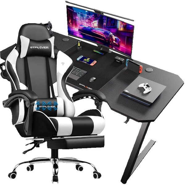 Set scrivania e sedia da gaming - Z12 + GT800A - Pelle + fibra di carbonio - Stile minimalista e moderno - Per la casa e il gaming - Montaggio richiesto - Bianco