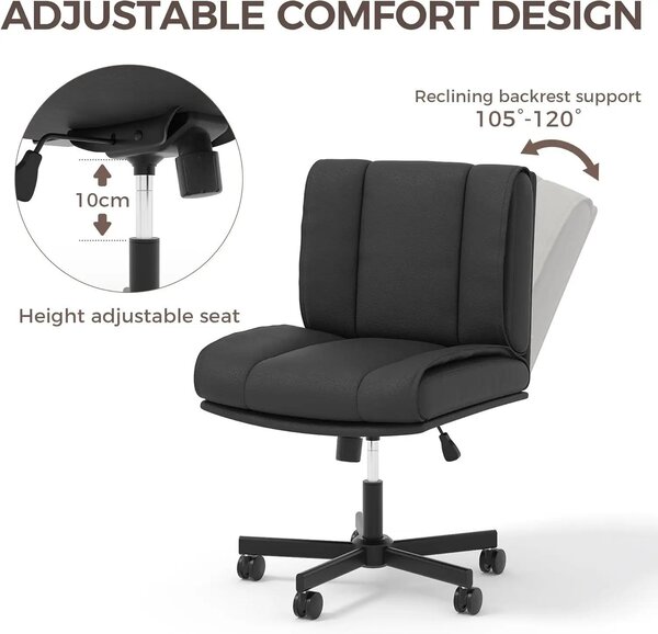 Sedia da ufficio senza braccioli - Sedia ergonomica per scrivania - Rotazione a 360° - Regolabile in altezza - Imbottitura spessa - Rivestimento in ecopelle di poliuretano - Struttura in metallo - Colore nero