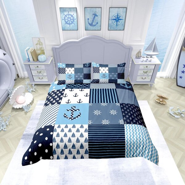 Elzusha - Set di lenzuola per letto singolo a tema nautico - Motivo: ancora, bussola, nave a vela