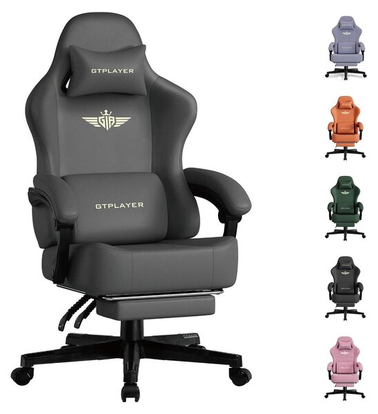 Sedia da gaming - Sedia da ufficio ergonomica GT829 - Regolabile in altezza - Rotazione a 360° - Braccioli e rotelle - Struttura in metallo - Rivestimento in pelle - Grigio