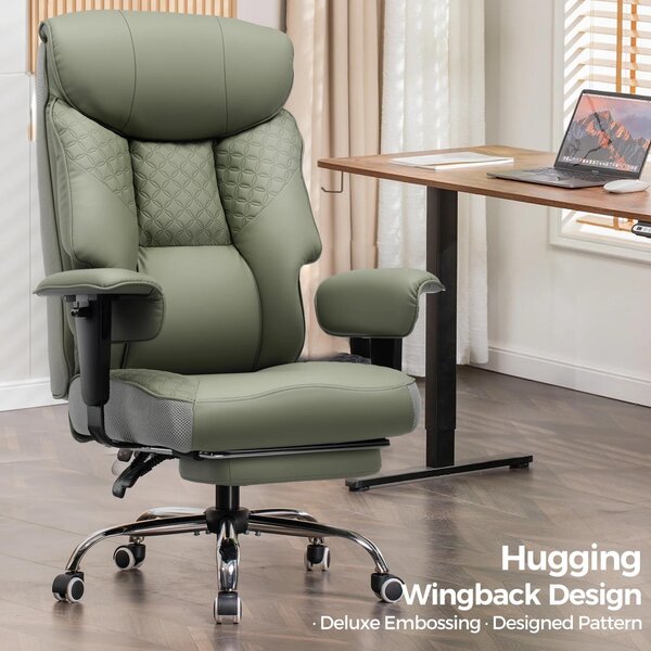Sedia da gaming per persone di corporatura grande - Sedia da ufficio ergonomica CH810 - Regolabile in altezza - Girevole con rotelle - Braccioli - Struttura in metallo - Rivestimento in pelle - Verde militare