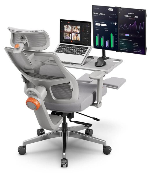 MagicH-GPro: Sedia da ufficio ergonomica. Schienale in rete. Supporto lombare automatico. Poggiatesta 5D. Braccioli 4D. Poggiapiedi. Stazione di lavoro integrata