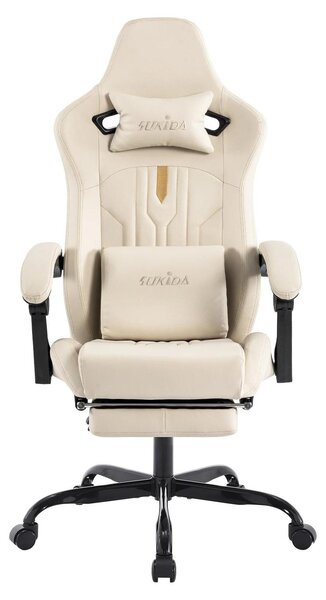 Sedia da gaming ergonomica e sedia da ufficio - Sedia da computer - Con poggiapiedi - Regolabile in altezza - Con supporto lombare - Rotazione a 360° - Con rotelle - Beige