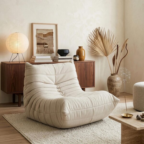 Poltrona da terra 'Kodsø' imbottita con schienale 75 x 90 x 100 cm in ciniglia beige