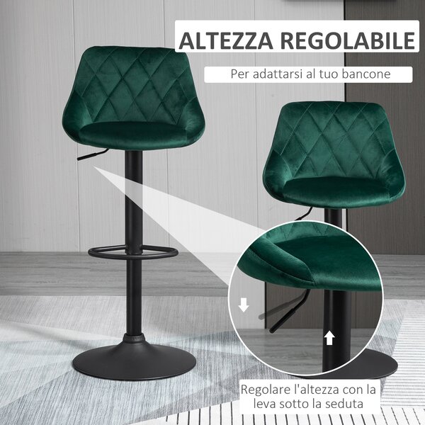 HOMCOM Set 2 Sgabelli Cucina, Altezza Regolabile con Base in Metallo e Seduta in Velluto, Sgabelli Moderni con Schienale e Poggiapiedi, Verde|Aosom