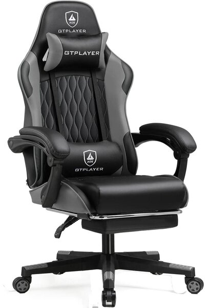 Sedia da gaming e da ufficio - GTP900 - Ergonomica, con poggiapiedi, girevole con rotelle, supporto lombare e cuscino regolabili, 150 kg, 50×52×130 cm - Grigio