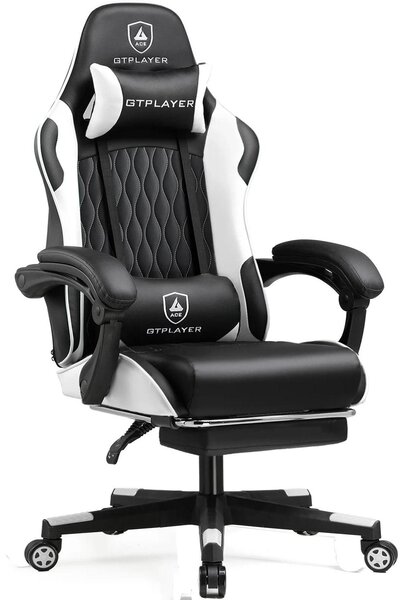 Sedia da gaming - Sedia da ufficio GTP900 - Ergonomica con poggiapiedi - Supporto lombare e cuscini regolabili - Girevole con rotelle - Portata massima 150 kg - Bianca