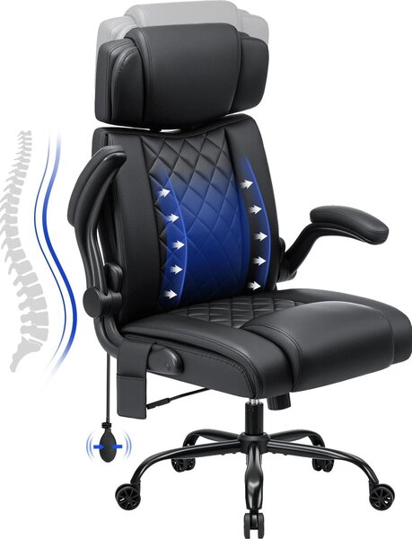 Sedia da ufficio - Poltrona direzionale ergonomica - Portata 200 kg - Supporto lombare - Pelle finta - Schienale alto - Braccioli ribaltabili - Regolabile in altezza - Nero