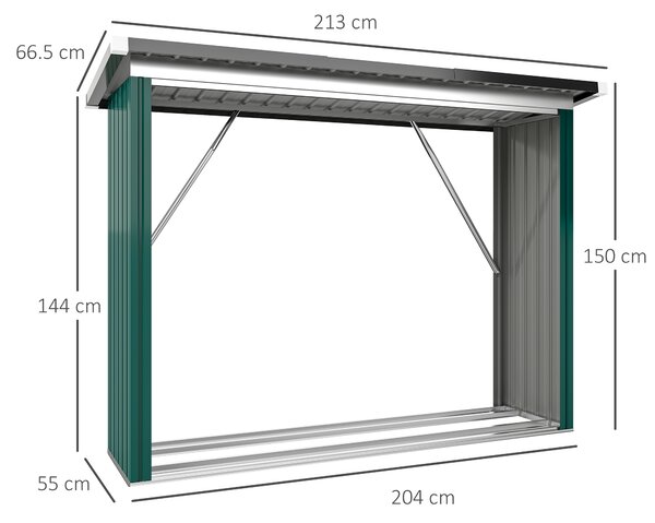 Outsunny Casetta per Legna di Acciaio Zincato con Base Sollevata e Tetto Inclinato 213x66,5x150 cm Verde | Aosom Italy