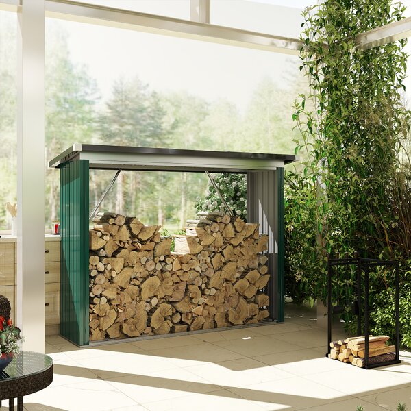 Outsunny Casetta per Legna di Acciaio Zincato con Base Sollevata e Tetto Inclinato 213x66,5x150 cm Verde | Aosom Italy