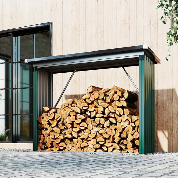 Outsunny Casetta per Legna di Acciaio Zincato con Base Sollevata e Tetto Inclinato 213x66,5x150 cm Verde | Aosom Italy