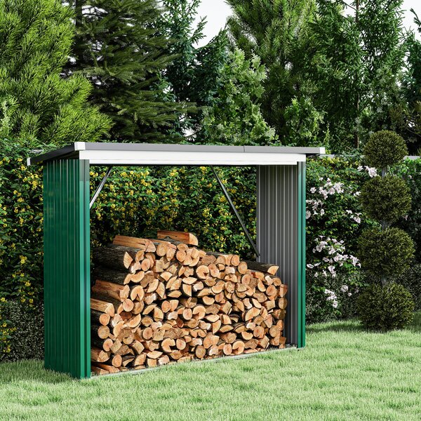 Outsunny Casetta per Legna di Acciaio Zincato con Base Sollevata e Tetto Inclinato 213x66,5x150 cm Verde | Aosom Italy