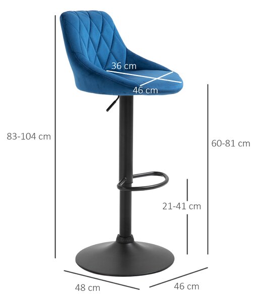 HOMCOM Set 2 Sgabelli da Cucina di Design con Schienale in Velluto, Sgabelli da Bar di Design con Base in Metallo, 46x48x83-104cm, Blu | Aosom Italy