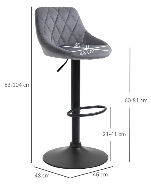HOMCOM Set 2 Sgabelli da Bar, Altezza Regolabile con Base in Metallo e Seduta in Velluto, Sgabelli Moderni con Schienale e Poggiapiedi, Grigio|Aosom