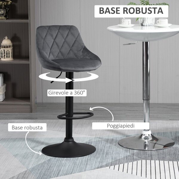 HOMCOM Set 2 Sgabelli da Bar, Altezza Regolabile con Base in Metallo e Seduta in Velluto, Sgabelli Moderni con Schienale e Poggiapiedi, Grigio|Aosom