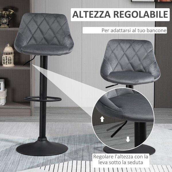 HOMCOM Set 2 Sgabelli da Bar, Altezza Regolabile con Base in Metallo e Seduta in Velluto, Sgabelli Moderni con Schienale e Poggiapiedi, Grigio|Aosom