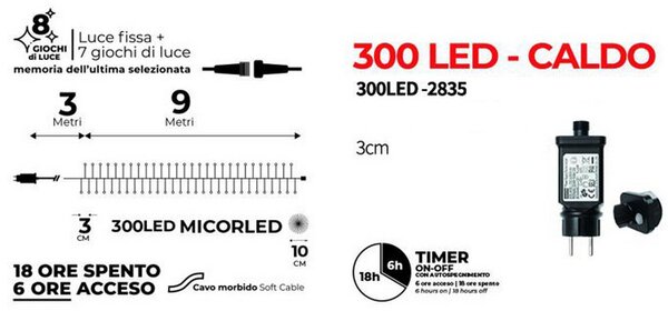 Stringa 9 metri da 300 Led Mini Millepiedi Bianco Caldo con cavo verde e autospegnimento Wisdom