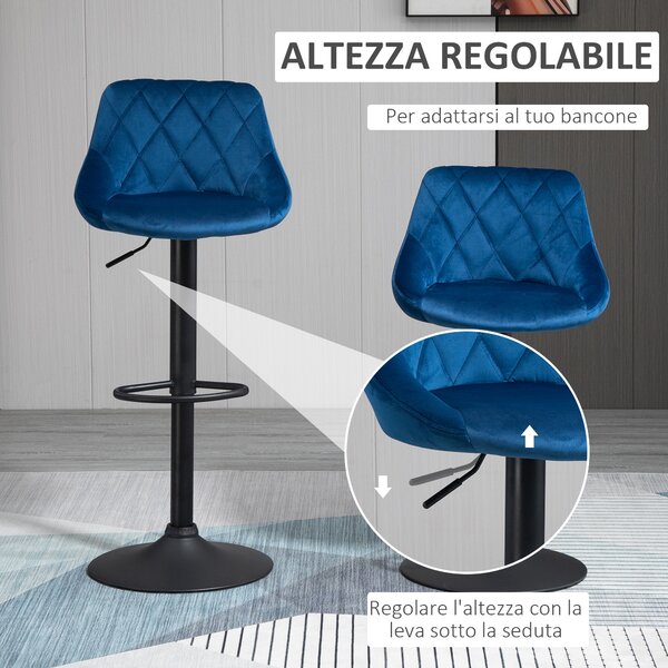 HOMCOM Set 2 Sgabelli da Cucina di Design con Schienale in Velluto, Sgabelli da Bar di Design con Base in Metallo, 46x48x83-104cm, Blu | Aosom Italy