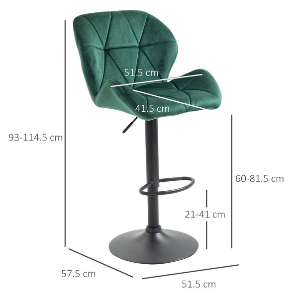 HOMCOM Set di 2 Sgabelli da Bar Girevoli con Altezza Regolabile, Base Rotonda, in Velluto, Verde 51.5x57.5x93-114.5cm | Aosom
