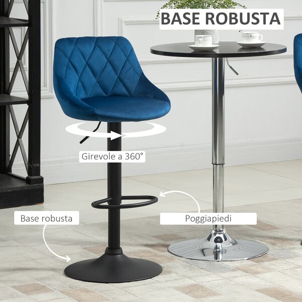 HOMCOM Set 2 Sgabelli da Cucina di Design con Schienale in Velluto, Sgabelli da Bar di Design con Base in Metallo, 46x48x83-104cm, Blu | Aosom Italy