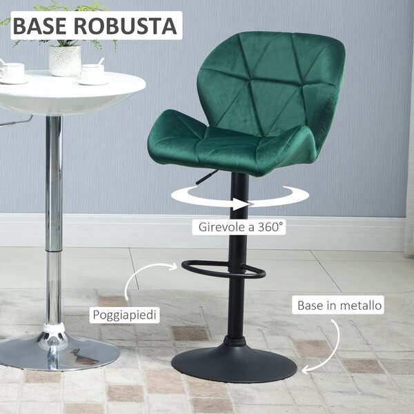 HOMCOM Set di 2 Sgabelli da Bar Girevoli con Altezza Regolabile, Base Rotonda, in Velluto, Verde 51.5x57.5x93-114.5cm | Aosom