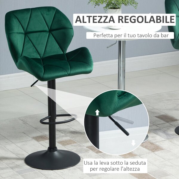 HOMCOM Set di 2 Sgabelli da Bar Girevoli con Altezza Regolabile, Base Rotonda, in Velluto, Verde 51.5x57.5x93-114.5cm | Aosom